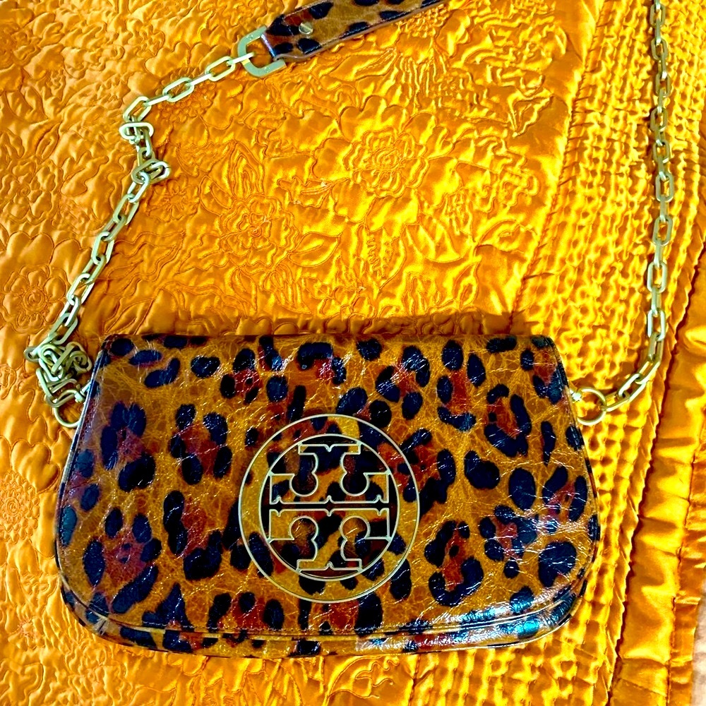 Tory Burch leopard patent cross body clutch with chain strap